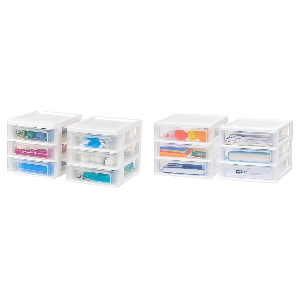 Bundle of IRIS USA Plastic Stacking Desk Top 3-Drawer Storage Organizer, 2-Pack, Small, White + IRIS USA Medium 3-Drawer Desktop Organizer with Open Tray Top, 2 Pack, Plastic Drawer Storage Container