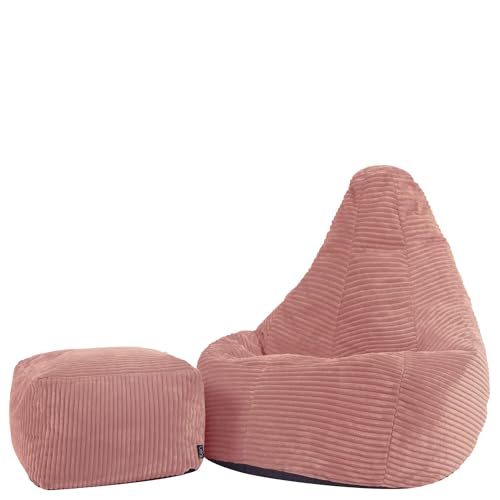 Icon Dalton Sitzsack Kinder mit Hocker, Rosa, Flauschiger Cord Stoff, Sitzsack Cord mit Füllung, Bequemer Kinder Gaming Sessel, Kuschelsessel, Lese Sessel, Schlafzimmer, Kinderzimmer, Spielzimmer