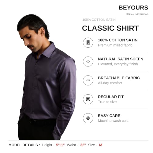 Image of BEYOURS Men's Full Sleeve Shirt Regular Fit Spread Collar 100% Cotton Satin Office & Formal.