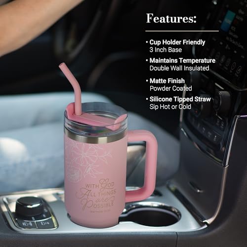 Image of Christian Art Gifts 40 oz Tumbler for Women: All Things are Possible Bible Verse, Stainless Steel, Insulated Travel Mug with Lid, Reusable Straw & Flex Tip, Pink Floral, Encouraging Gift for Women