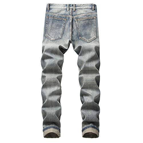 Men's Blue Slim Fit Jeans Stretch Destroyed Ripped Skinny Jeans Side Striped Denim Pants(N-36)2