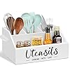Utensil Holder for Kitchen Counter, Large Kitchen Utensil Holder for Countertop, Farmhouse Cooking Utensil Organizer for Flatware, Utensil Caddy with 4 Compartments, White Kitchen Tools Storage