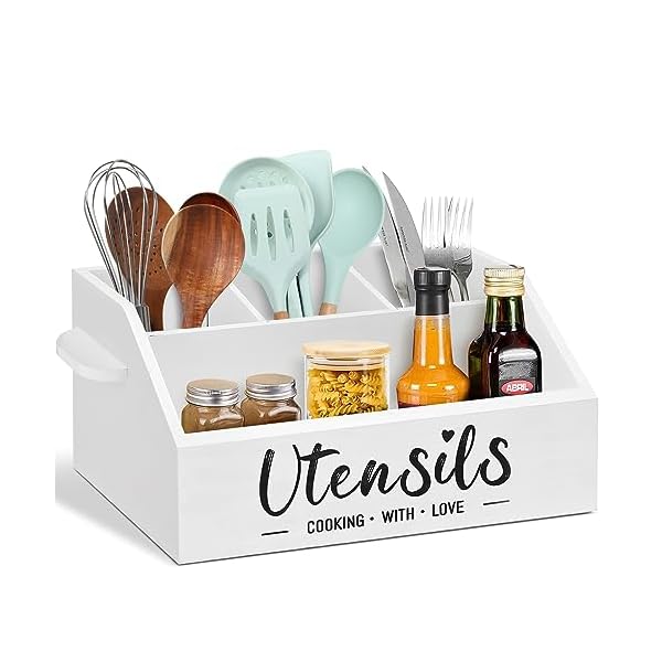 Utensil Holder for Kitchen Counter, Large Kitchen Utensil Holder for Countertop, Farmhouse Cooking Utensil Organizer for Flatware, Utensil Caddy with 4 Compartments, White Kitchen Tools Storage