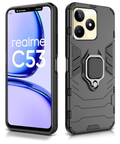 Image of WOW IMAGINE Shock Proof Back Case Mobile Cover for Realme Narzo N53 | Realme C53 | Realme C51 | Back Cover Case (Tough Armor | Hybrid PC + TPU | Ring Holder & in-Built Kickstand | Black)