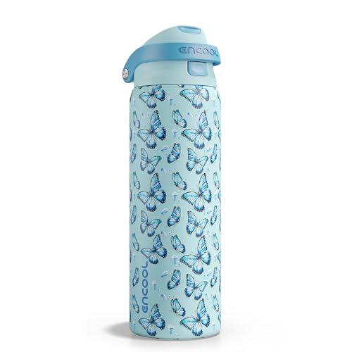 Image of ENCOOL Leakproof Insulated Water Bottle with Straw Dual-Sip Water Bottle Bag-Safe Design for Work, Commute & Gym - Keeps Drinks Cold All Day, 32 oz, Glacier Butterfly