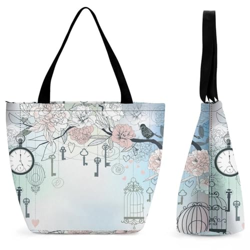 Sac de shopping pour voyage motif oiseaux grand format 28.5x18x32.5cm