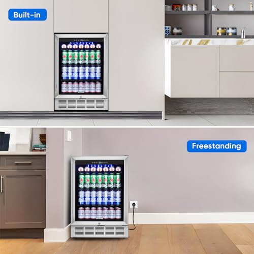 Image of ORYMUSE 24 inch Beverage Refrigerator, 180 Can Under Counter Drink Cooler with Glass Door & Lock, Built-in or Freestanding Mini Fridge with Quiet Compressor Cooling for Beer, Soda & Wine