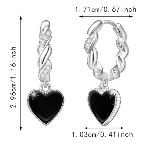 Sterling Silver Black Heart Hoop Earrings for Women - Cubic Zirconia Love Heart-Shaped Loop Dangle Earrings Hypoallergenic Lightweight Fashion Jewelry Gifts for Sensitive Ears for Her Wife Teens 6