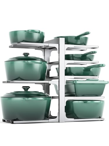 Image of MUDEELA 8-Tier Pots and Pans Organizer under Cabinet, 15.83 inch Height Heavy Duty Pot Pan Organizer Kitchen Cabinet Organization and Storage, Adjustable Pot Rack for Frying Pan, Cast Iron Skillet, Sliver