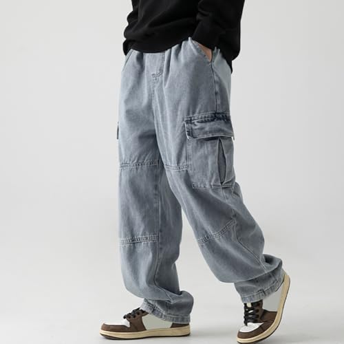Men's Drawstring Elastic Waist Flap Pockets Streetwear Baggy Cargo Jeans3