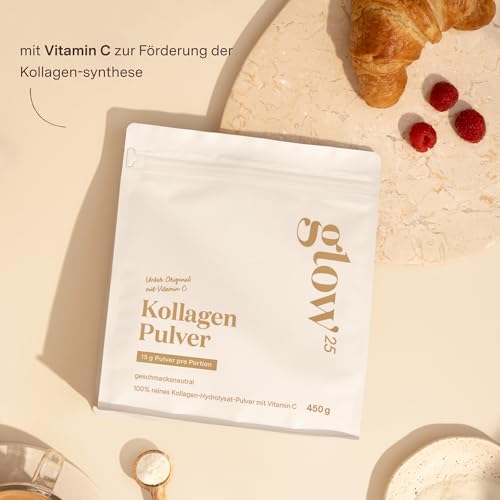 Glow25® Collagen Pulver [450g] – Unser Original – Kollagen Hydrolysat mit Vitamin C – Peptide Typ 1 und 3 – Gute Löslichkeit – Neutral