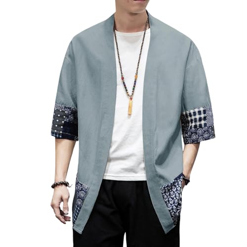 Image of PRIJOUHE Men's Kimono Jackets Cardigan Lightweight Casual Cotton Blends Linen Seven Sleeves Open Front Coat Outwear