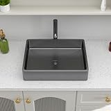 Logmey 19 Inch Stainless Steel Shallow Bathroom Vessel Sink 19x15 Black Handmade Above Counter Bathroom Sink 16 Gauge Rectangle Vessel Sink with Drainer