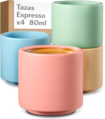 Tazas para espresso | Cosumy Tazas De Café Espresso - Juego De 4 Tazas De Cerámica Pastel - Diseño Minimalista Apilable - Resistentes Al Calor - Paredes Gruesas - Aptas Para Lavavajillas - 80 Ml