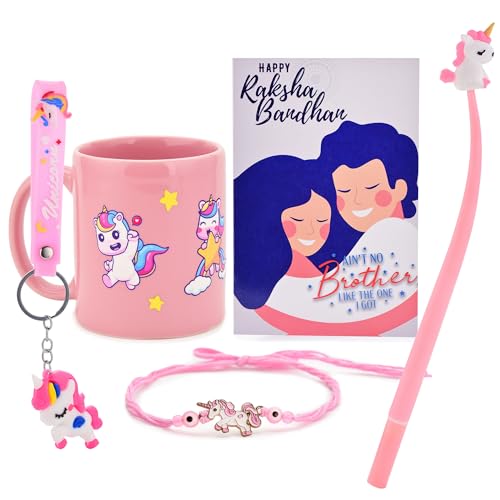 Image of To The Nines Kids Rakhi Gift Set for Brother Gift Combo - Rakhi With Mug, Key Chain, Pen, Tilak Material and Greeting Card
