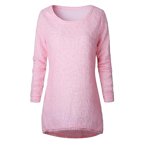 NaRHbrg Womens Furry Pullover Sweater Casual Long Sleeve Fall Sweaters Crew Neck Solid Color Soft Tunic Tops Loose Fit Jumper4