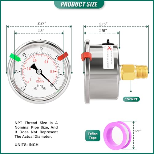 Image of -30inHg-0psi Stainless Steel Vacuum Industrial Pressure Gauge 1 /4 inch NPT 2 inch Dual Scale, Back Mount,Waterproof, for Pneumatic Equipment, Pumps, compressors (with Range Mark Pointer)