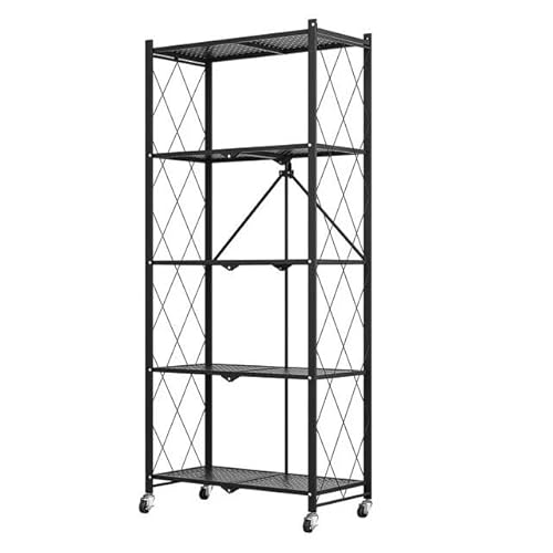 Foldable Storage Shelves Unit, 4 & 5-Tier Folding Shelf Shelving Rack Organizer Cart with Rolling Wheels for Temporary or Mobile Storage in Kitchen Warehouse Patio Pantry Basement (Extra Large)