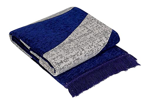 Image of Wave Design Sleek and Spacious Rectangular Chenille Carpet with Binding | Area Rug | Durries for Living Room, Bedroom | 5X7 Feet (210 Cmx152 Cm) Blue