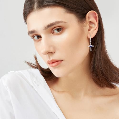 FANCIME Cross Dangle Drop Earrings 925 Sterling Silver Dainty Round Birthstone Earring Fine Jewelry Birthday Gifts for Her Women4