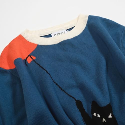Men's Retro Blue Knitted T-Shirt Short Sleeve, Mod Style Cat Pattern Crewneck Cotton Tops3