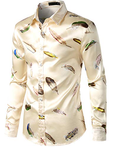 Image of ZEROYAA Men's Luxury Printed Silk Like Satin Button Down Dress Shirt for Party Prom