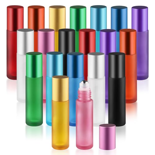 20 Pcs 10ml/0.34oz Frosted Glass Bottle Refillable Roller Bottles with Stainless Steel Roller Balls & Aluminum Screw Caps for Perfume Essential Oil Lip Gloss Travel - Multicolor