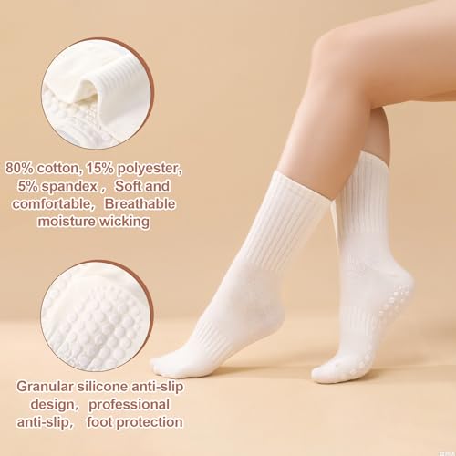 Jspupifip 4 Pairs Pilates Socks with Grips for Women Cotton Athletic Crew Socks for Barre Hospital Workout3