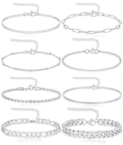 Tornito 8Pcs Ankle Bracelets for Women Stainless Steel Waterproof Layered Cuban Figaro Link Chain Rope Paperclip Herringbone Satellite Bead Anklets Set Summer Beach Jewelry Gold Silver Tone 8.5 Inch