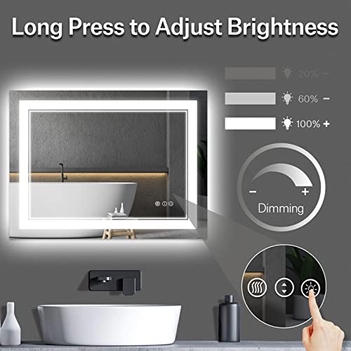 48x36 Inch Bathroom Mirror LED with Lights, Backlit and Front Lighted Anti-Fog Dimmable Memory Lighted Bathroom Vanity Mirror, Large Led Mirror for Bathroom