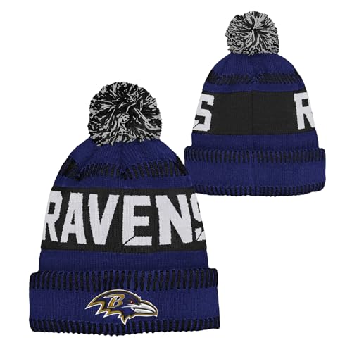 NFL Kids Youth 8-20 One Size Team Color Primary Logo Official Sports Tech Knit Cold Weather Football Pom Beanie Hat - Baltimore Ravens