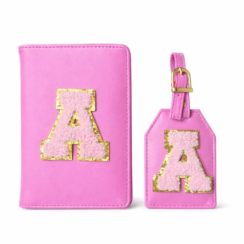 Image of Passport Cover & Bag Tag Combo | Personalized Initial Alphabet Custom A-Z Name Initial | Fits Standard Passports | Travel GiftIdeal Travel Gift for Women, Girls & Couples (Dark Pink)