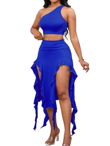 Image of BARASA Women Summer 2 Piece Skirt Sets Comfy Ruffle Trim Irregular Split Sexy Y2k Club Party Tops Jellyfish Skirt Suits S69