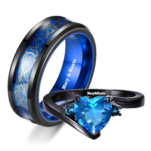 Promise Rings Set for Couples - 2 Matching Custom Engraved Engagement Rings, Blue & Black Tungsten Wedding Bands with Sapphire