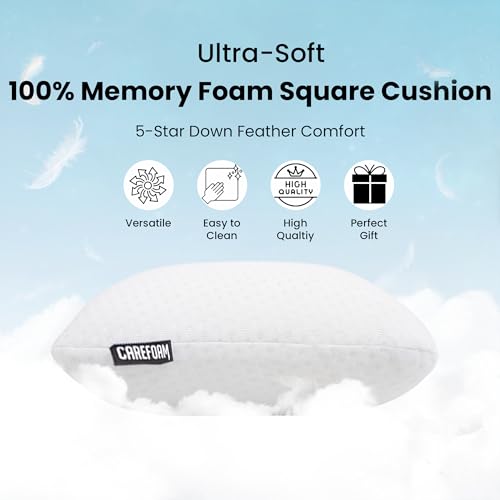 Image of CareFoam Memory Foam Square Cushion for Car, Sofa /Diwan, Bed, Chair & Decoration | Highly Durable, Hypoallergenic | 14 inchx 14 inch x 4 inch | Velvet Cover | White Jacquard, Pack of 2