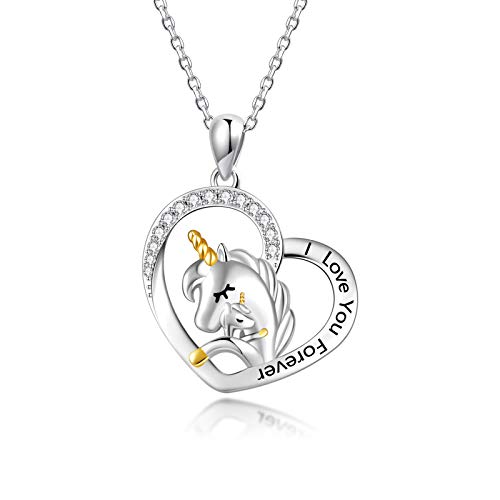 FREECO Unicorn Necklace Gifts for Women Girl - Sterling Silver Cute Unicorn in Heart Pendant Necklace Jewelry,Rolo Chain 18 Inches (Mother Daughter Unicorn Necklace)