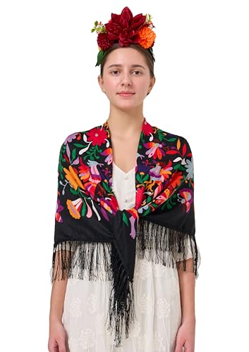 YHDDYG Mexican 2-Piece Boho Set: Red Floral Headband & Black Tassel Shawl Scarf for Women Girls - Wedding Festival Photo Prop N3 (Black One Size)