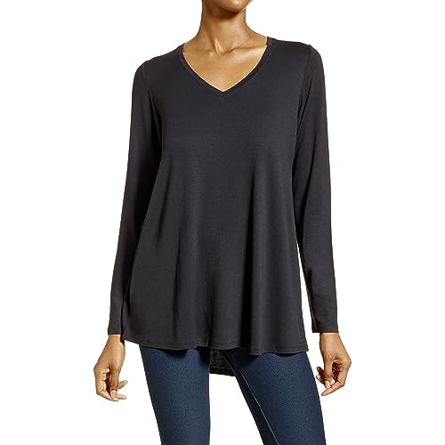 HUE Women's Basic Long Sleeve T-Shirt V-Neck Loose Tunic Top with Hi-Low Hem