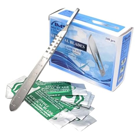 IMEDS Scalpel Blades #22 Sharp Carbon-Steel Sterile Pack of 100 with Free Stainless Steel Scalpel Handle #4 Graduated Kit to Make Finest Precision Cuts, Durable Quality for Experts & Professionals Cover