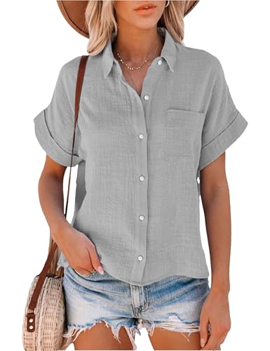 Sdipipo Womens Summer Cotton Linen Short Sleeve Button Down Shirt Collared V-Neck Loose Fit Blouse Beach Office Tops(0006-Grey-L)