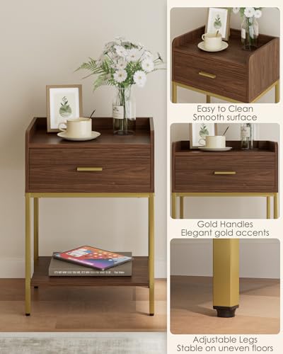 Image of Masupu Nightstand, 3-Tier Modern Bedside Night Stand with Storage Drawer and Shelf, Small End Side Table for Bedroom, Living Room, Walnut