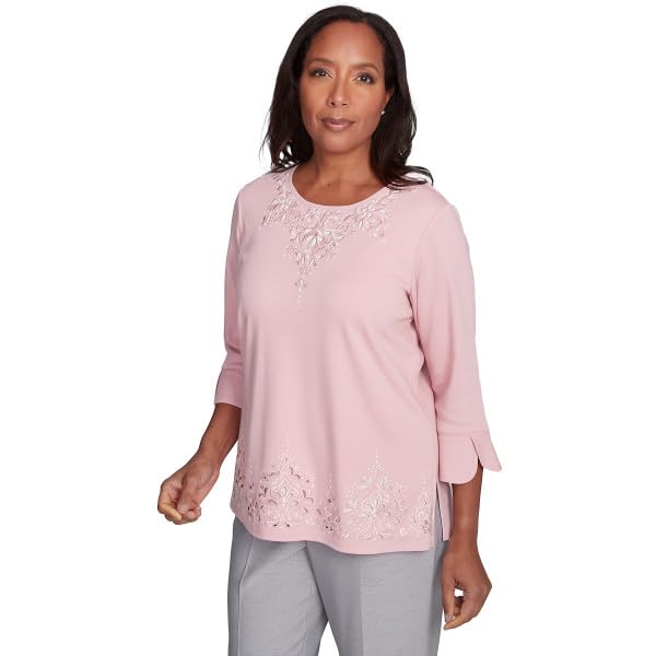 Image of Alfred Dunner Women's Estate of Mind Lace Cutout Split Sleeve Top, X-Large Pink