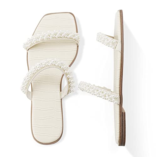 LACUONE Pearl Strap Flat Sandals For Women Slip On Square Open Toe Slides Sandals3