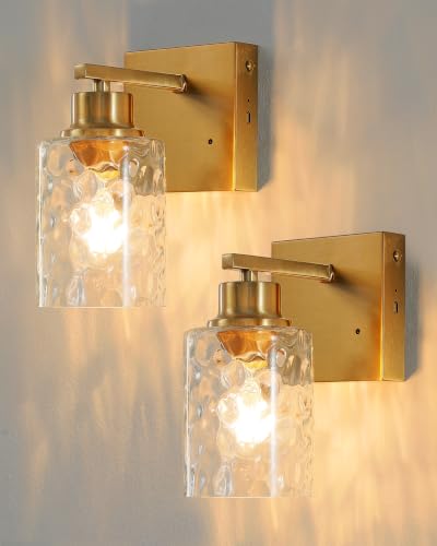 Image of Hammered Glass Wireless Battery Operated Wall Sconces Set of Two Gold