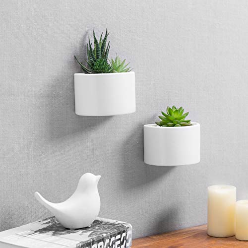 Mygift Glazed White Ceramic Hanging Wall Planter, Small Indoor Plant Pot, Half-Round Shaped Vases, Set Of 2 #TOP2