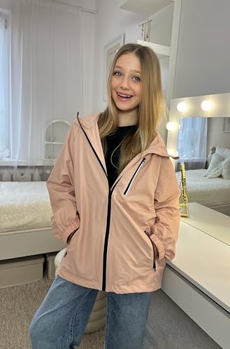 Image of Rolanko Girls Rain Jacket Lightweight Waterproof Hooded Kids Raincoat 6-16 | Kids Windbreaker, Water-Repellent, Sealed Zip Pockets, Reflective Strips, Extended Hood, Outdoor, School Daily, Travel