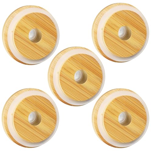 SBMKK Bamboo Lids for Glass Cups and 16 OZ Beer Can Glass Bamboo Mason Jar Lids Regular Mouth with Straw Hole 70mm/2.75 Inch Replacment Wooden Cover (regular mouth 5 pcs)