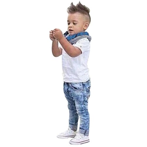 Transer 1pc Chemise + 1PC Pantalon + 1PC écharpe pour garçon 2-7 Ans, Enfants garçon Pantalons en Denim à Manches Courtes T-Shirt Cool vêtements Ensemble (4ans, Blanc)