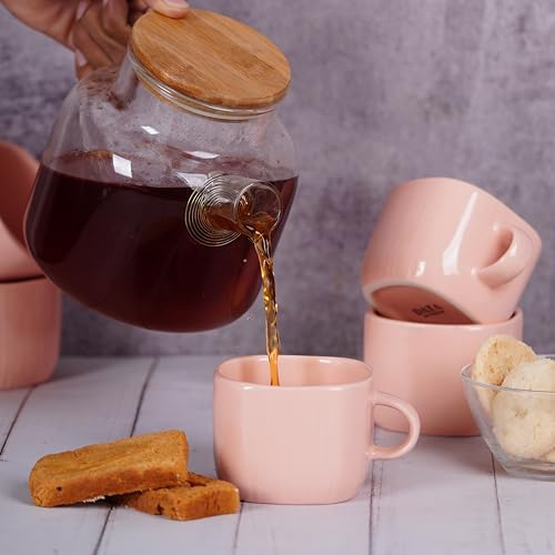 Image of Dandy Lines Zen Coffee Mugs in Peach, 199 ml, Ceramic, Pack of 6, Microwave & Dishwasher Safe, Great for Home Use & Gifting