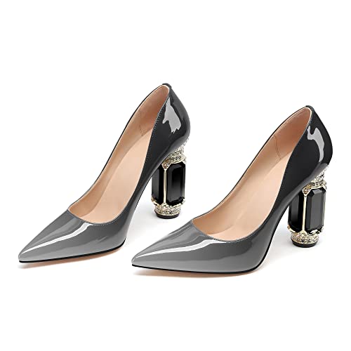 Image of JANSEVEN Women Chunky Heels Pumps Crystal Block Heels with Rhinestones Pointed Toe Sexy Gradient Patent Leather Slip on Bridal Party Wedding Dress Shoes 5-13 M US